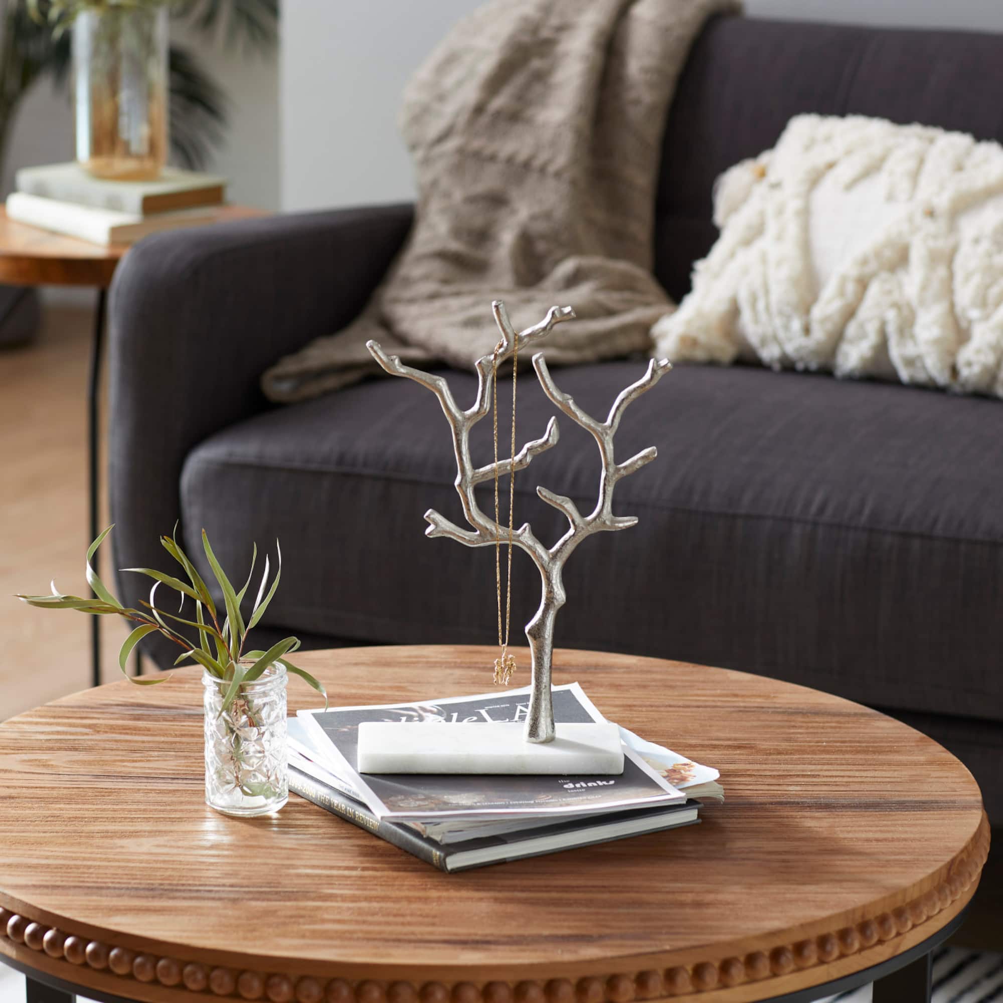 Silver Metal Tree Branch Jewelry Stand With Marble Base, 13" x 9" x 3"